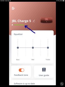 Screenshot of the JBL Charge 5 battery indicator as displayed in the Portable app on an iPad Air.