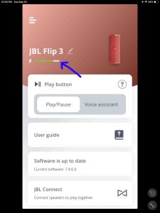 Screenshot of the JBL Flip 3 battery indicator as displayed in the Portable app on an iPad Air.