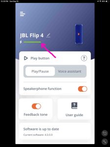Screenshot of the JBL Flip 4 battery indicator as displayed in the Portable app on an iPad Air.