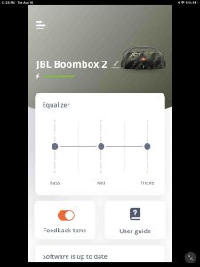 Screenshot of the app showing the -JBL Boombox 2 Home- page.