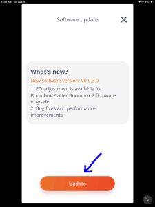 Screenshot of the Update button on the Software 0.5.3.0 update page in the JBL Portable app on iPadOS.