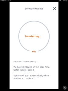 Screenshot of the Software Update... Transferring page showing 0 percent in the JBL Portable app on iPadOS.