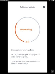 Screenshot of the Software Update... Transferring page showing 31 percent complete in the JBL Portable app on iPadOS.