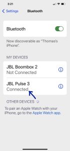 Screenshot of the JBL Pulse 3 showing now as Connected.