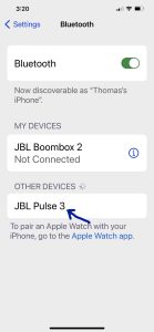 Screenshot of the JBL Pulse 3 speaker showing as Discovered on the iPhone.