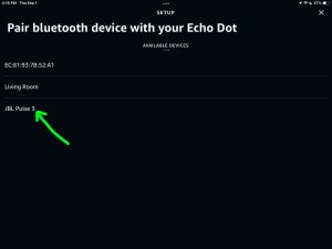 Screenshot of the JBL Pulse 3 speaker showing as discovered on Echo speaker Bluetooth Setup page in the Alexa App on iPadOS.