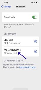 Screenshot of the iPhone Bluetooth page, showing the Megaboom 3 as Connected.