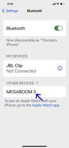 Screenshot of the iPhone Bluetooth page, showing the Megaboom 3 as discovered but not connected.