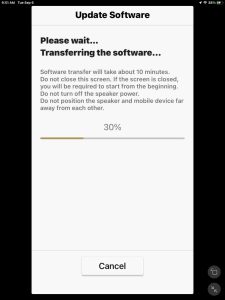 Screenshot of the Sony Music Center app downloading the new firmware, and at 30 percent done, on iPadOS.