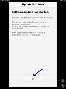 Screenshot of the app displaying the Software Update Has Started page with the OK button highlighted.