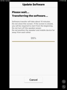 Screenshot of the app transferring the software to the speaker, and at 99 percent done.