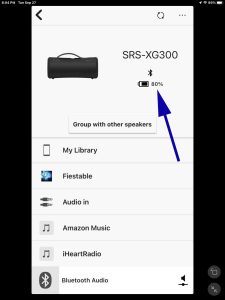 Screenshot of the Sony Music Center app displaying the battery percentage of an SRS XG300 boombox speaker on iPadOS.