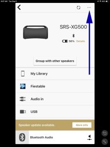 Screenshot of the More (three dots) item on the Home page for the Sony SRS XG500 speaker in the Music Center app.