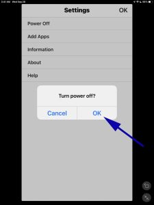 Screenshot of the OK button on the Turn Power OFF prompt in the Sony Music Center app on iPadOS.