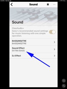 Screenshot of the Sound Effect option set to Extra Bass in the Sony Music Center app on iPadOS.