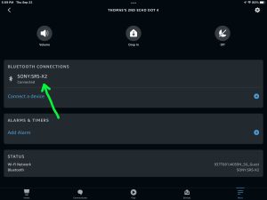 Screenshot of the Sony SRS X2 connected to an Echo Dot 4 on the Device Settings page in the Alexa App on iPadOS.