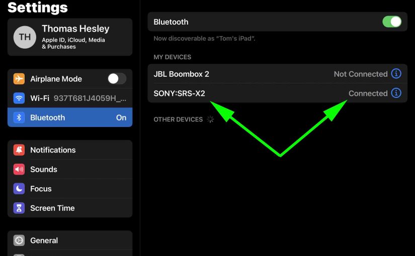 Screenshot of the Sony SRS X2 speaker showing as Connected on iPadOS.