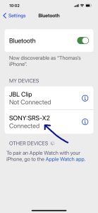 Screenshot of the Sony SRS X2 speaker showing as Connected on an iPhone. 