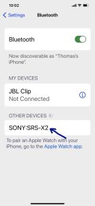 Screenshot of the Sony X2 speaker, showing as discovered on the iPhone Bluetooth page.