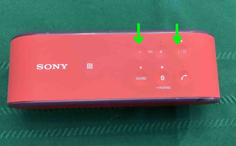 Picture of the Volume Down and Power buttons on the Sony SRS X2 speaker.