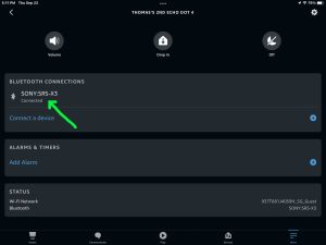 Screenshot of the Sony X3 BT speaker connected to an Echo Dot 4 on the Device Settings page in the Alexa App on iPadOS.