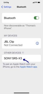 Screenshot of the Sony SRS X3 showing as discovered on the iPhone Bluetooth page.