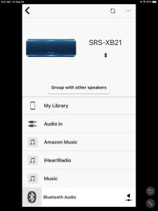 Screenshot of the Sony Music Center app, showing the SRS XB21 speaker Home page on iPadOS.