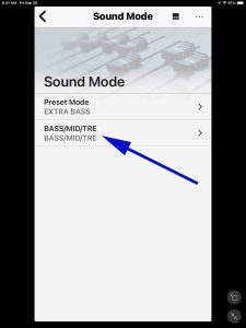 Screenshot of the BASS / MID / TRE option on the speaker's Sound Mode page.