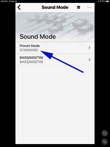 Screenshot of the Preset Mode option set to STANDARD on the speaker's Sound Mode page.