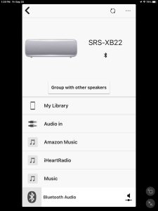 Screenshot of the Sony Music Center app, showing the SRS XB22 speaker Home page on iPadOS.