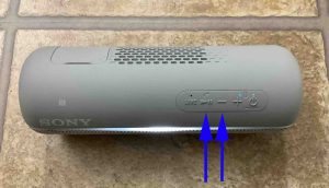 Picture of the Play-Pause and Volume Down buttons on the Sony SRS XB22 speaker.