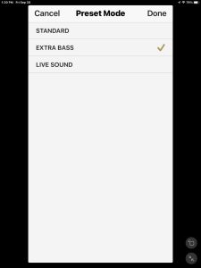 Screenshot of the speaker's Preset Mode page with the EXTRA BASS option checked.