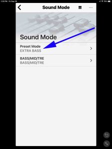 Screenshot of the Preset Mode option set to EXTRA BASS on the speaker's Sound Mode page.
