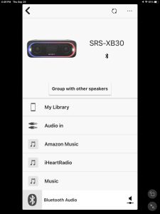 Screenshot of the Sony Music Center app, showing the SRS XB30 speaker Home page.