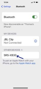Screenshot of the iPhone Bluetooth Settings page, showing a Sony XB30 as Discovered.