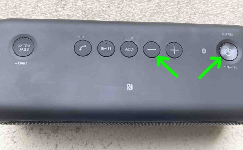 Picture of the Volume Down and Power-Pairing buttons on the Sony SRS XB30 speaker.