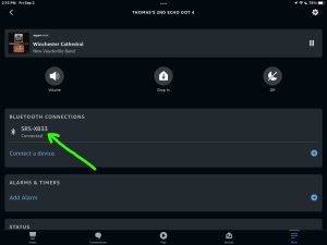 Screenshot of the Sony SRS XB33 speaker connected to an Echo Dot 4 on the Device Settings page in the Alexa App on iPadOS.