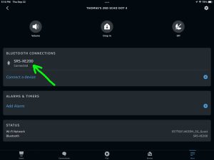 Screenshot of the Sony SRS XE200 BT speaker connected to an Echo Dot 4 on the Device Settings page in the Alexa App on iPadOS.