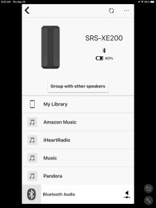 Picture of The Home page for the Sony SRS XE200 speaker in the Music Center app on iPadOS.