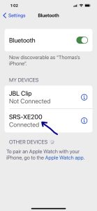 Screenshot of the iPhone Bluetooth Settings page, showing a Sony SRS XE200 speaker as Connected.