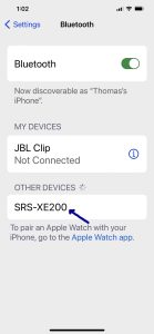 Screenshot of the iPhone Bluetooth Settings page, showing a Sony SRS XE200 speaker as Discovered.