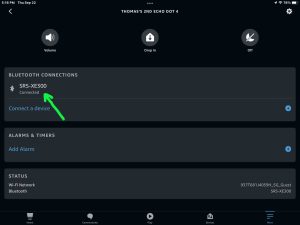 Screenshot of the Sony XE300 BT speaker connected to an Echo Dot 4 on the Device Settings page in the Alexa App on iPadOS.