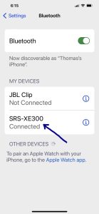 Screenshot of the iPhone Bluetooth Settings page, showing a Sony XE300 as Connected.
