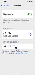 Screenshot of the iPhone Bluetooth Settings page, showing a Sony SRS XE300 speaker as Discovered.