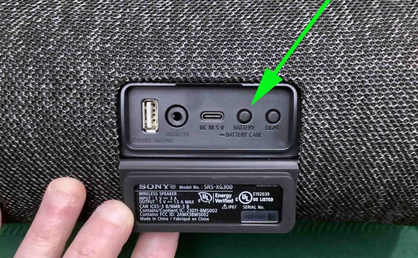 Picture of the Battery-Battery Care button on the back of the Sony SRS XG300 speaker.