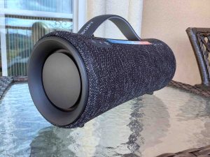 Picture of the left front of the Sony SRS XG300 Bluetooth speaker.