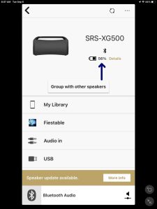 Screenshot of the Sony Music Center app displaying the battery percentage of an SRS XG500 boombox speaker on iPadOS.
