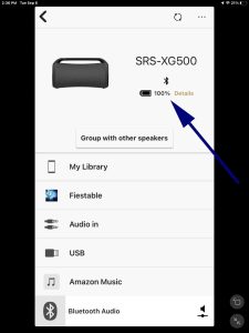 Screenshot of the Home page for the Sony XG500 in the Music Center app on iPadOS, showing the speaker's battery percentage at 100 percent.