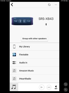 Screenshot of the Sony Music Center app, showing the SRS XB43 speaker Home page.