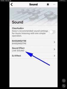 Screenshot of the Sound page for the Sony SRS SRS XB43 speaker in the Music Center app, with the Sound Effect option set to LIVE SOUND on iPadOS.
